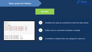 Basic syntax for Python
Variable
1 Variables are used as containers to store the data values
2 Python has no command to declare a variable
3 A variable is created when you assigned a value to it
Proprietary content. ©Great Learning. All Rights Reserved. Unauthorized use or distribution prohibited
 