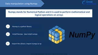 Data manipulation using Numpy
Numpy stands for Numerical Python and it is used to perform mathematical and
logical operations on arrays
1 Numpy is a python library
2 Install Numpy: !pip install numpy
3 Import the Library: import numpy as np
Proprietary content. ©Great Learning. All Rights Reserved. Unauthorized use or distribution prohibited
 