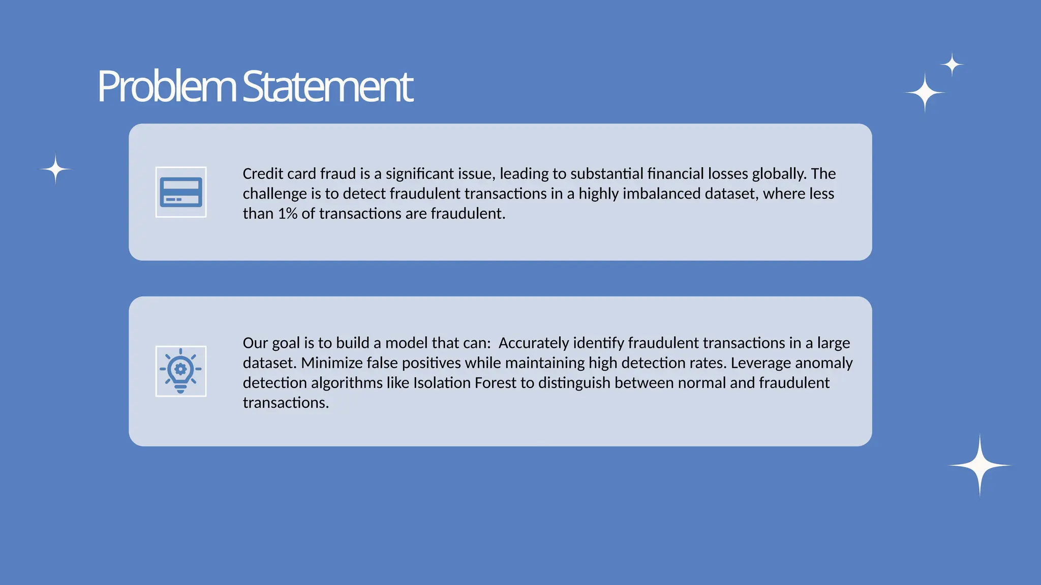 Write your topic here
Write your topic here
ProblemStatement
Credit card fraud is a significant issue, leading to substantial financial losses globally. The
challenge is to detect fraudulent transactions in a highly imbalanced dataset, where less
than 1% of transactions are fraudulent.
Our goal is to build a model that can: Accurately identify fraudulent transactions in a large
dataset. Minimize false positives while maintaining high detection rates. Leverage anomaly
detection algorithms like Isolation Forest to distinguish between normal and fraudulent
transactions.
 