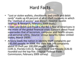 Hard Facts
• "Lost or stolen wallets, checkbooks and credit and debit
  cards" made up 43 percent of all ID theft incidents in which
  the "method of access" was known. (Source: Javelin
  Strategy & Research, February 2009 study.)
• Credit and debit card fraud is the No. 1 fear of Americans in
  the midst of the global financial crisis. Concern about fraud
  supersedes that of terrorism, computer and health viruses
  and personal safety. (Source: Unisys Security Index: United
  States, March 2009)
• Arizona leads the nation in identity theft complaints per
  100,000 people. In 2008, the state had 149 complaints
  about ID theft per 100,000 people. California
  (139.1), Florida (133.3), Texas (130.3) and Nevada (126.0)
  rounded out the top five. (Source: Federal Trade
  Commission, February 2009 survey)
 