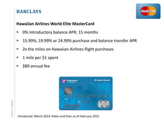 BARCLAYSCREDITCARDS
Hawaiian Airlines World Elite MasterCard
 0% introductory balance APR; 15 months
 15.99%, 19.99% or 24.99% purchase and balance transfer APR
 2x the miles on Hawaiian Airlines flight purchases
 1 mile per $1 spent
 $89 annual fee
Introduced: March 2014; Rates and Fees as of February 2015
 