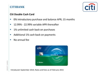 CITIBANKCREDITCARDS
Citi Double Cash Card
 0% introductory purchase and balance APR; 15 months
 12.99% - 22.99% variable APR thereafter
 1% unlimited cash back on purchases
 Additional 1% cash back on payments
 No annual fee
Introduced: September 2014; Rates and Fees as of February 2015
 