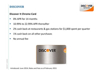 DISCOVERCREDITCARDS
Discover It Chrome Card
 0% APR for 14 months
 10.99% to 22.99% APR thereafter
 2% cash back at restaurants & gas stations for $1,000 spent per quarter
 1% cash back on all other purchases
 No annual fee
Introduced: June 2014; Rates and Fees as of February 2015
 
