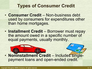 Types of Consumer Credit Consumer Credit  – Non-business debt used by consumers for expenditures other than home mortgages. Installment Credit  – Borrower must repay the amount owed in a specific number of equal payments, usually monthly. Noninstallment Credit  – Includes single-payment loans and open-ended credit. 