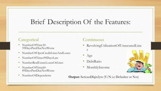 Brief Description Of the Features:
Categorical
• NumberOfTime30-
59DaysPastDueNotWorse
• NumberOfOpenCreditLinesAndLoans
• NumberOfTimes90DaysLate
• NumberRealEstateLoansOrLines
• NumberOfTime60-
89DaysPastDueNotWorse
• NumberOfDependents
Continuous
• RevolvingUtilizationOfUnsecuredLine
s
• Age
• DebtRatio
• MonthlyIncome
Output: SeriousDlqin2yrs (Y/N i.e Defaulter or Not)
 