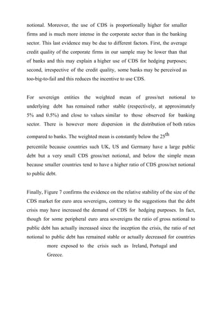 notional. Moreover, the use of CDS is proportionally higher for smaller
firms and is much more intense in the corporate sector than in the banking
sector. This last evidence may be due to different factors. First, the average
credit quality of the corporate firms in our sample may be lower than that
of banks and this may explain a higher use of CDS for hedging purposes;
second, irrespective of the credit quality, some banks may be perceived as
too-big-to-fail and this reduces the incentive to use CDS.
For sovereign entities the weighted mean of gross/net notional to
underlying debt has remained rather stable (respectively, at approximately
5% and 0.5%) and close to values similar to those observed for banking
sector. There is however more dispersion in the distribution of both ratios
compared to banks. The weighted mean is constantly below the 25th
percentile because countries such UK, US and Germany have a large public
debt but a very small CDS gross/net notional, and below the simple mean
because smaller countries tend to have a higher ratio of CDS gross/net notional
to public debt.
Finally, Figure 7 confirms the evidence on the relative stability of the size of the
CDS market for euro area sovereigns, contrary to the suggestions that the debt
crisis may have increased the demand of CDS for hedging purposes. In fact,
though for some peripheral euro area sovereigns the ratio of gross notional to
public debt has actually increased since the inception the crisis, the ratio of net
notional to public debt has remained stable or actually decreased for countries
more exposed to the crisis such as Ireland, Portugal and
Greece.

 