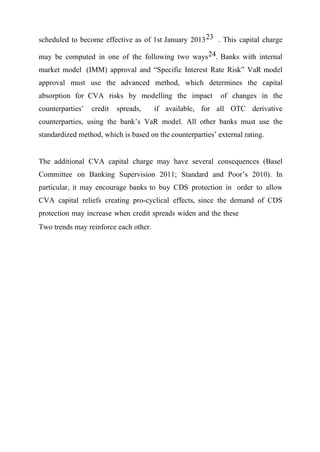 scheduled to become effective as of 1st January 2013 23 . This capital charge
may be computed in one of the following two ways 24. Banks with internal
market model (IMM) approval and “Specific Interest Rate Risk” VaR model
approval must use the advanced method, which determines the capital
absorption for CVA risks by modelling the impact
counterparties’

credit

spreads,

of changes in the

if available, for all OTC derivative

counterparties, using the bank’s VaR model. All other banks must use the
standardized method, which is based on the counterparties’ external rating.
The additional CVA capital charge may have several consequences (Basel
Committee on Banking Supervision 2011; Standard and Poor’s 2010). In
particular, it may encourage banks to buy CDS protection in order to allow
CVA capital reliefs creating pro-cyclical effects, since the demand of CDS
protection may increase when credit spreads widen and the these
Two trends may reinforce each other.

 