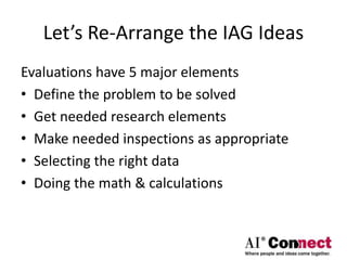 Let’s Re-Arrange the IAG Ideas
Evaluations have 5 major elements
• Define the problem to be solved
• Get needed research elements
• Make needed inspections as appropriate
• Selecting the right data
• Doing the math & calculations
 