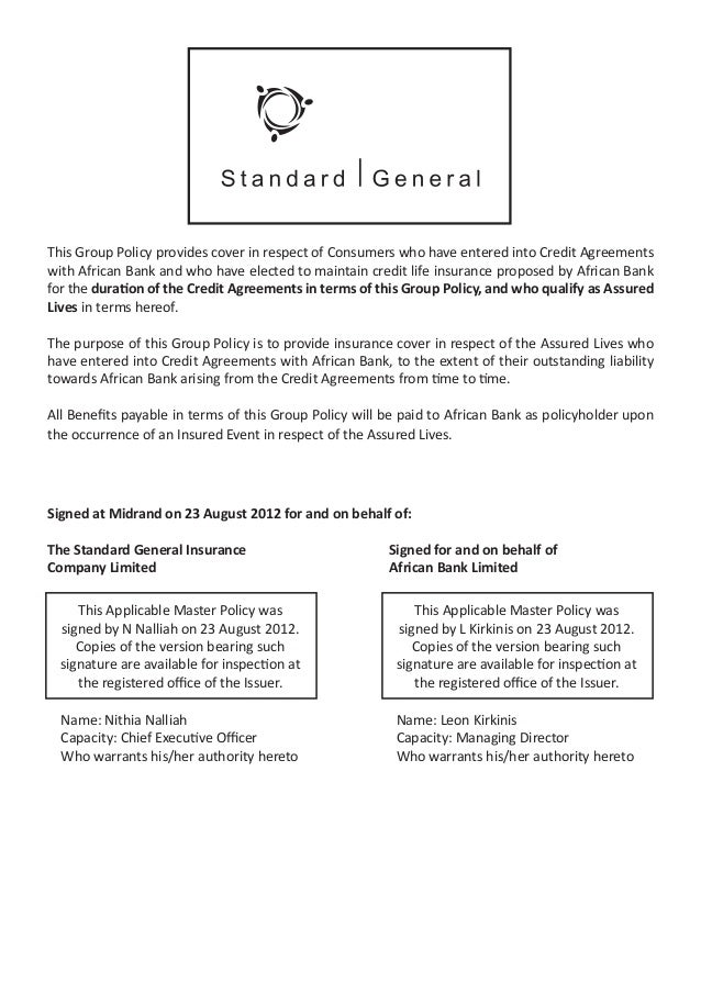 Credit life master policy