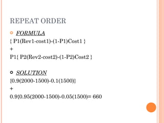 REPEAT ORDER
  FORMULA
{ P1(Rev1-cost1)-(1-P1)Cost1 }
+
P1{ P2(Rev2-cost2)-(1-P2)Cost2 }

  SOLUTION
{0.9(2000-1500)-0.1(1500)}
+
0.9{0.95(2000-1500)-0.05(1500)= 660
 