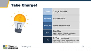 21
Take Charge!
Credit Management
Change Behavior
Change
Prioritize Debts
Prioritize
Power Payment Plan
Power Pay
Seek Help
Talk to Creditors; Financial Counselors;
Installation Legal Service Office
Seek
Do Your Homework
Credit Repair Clinics / Repair Services; Debt
Settlement Companies; Bankruptcy
Do
 