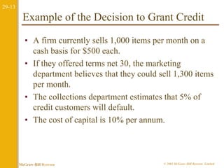 29-13 
Example of the Decision to Grant Credit 
• A firm currently sells 1,000 items per month on a 
cash basis for $500 each. 
• If they offered terms net 30, the marketing 
department believes that they could sell 1,300 items 
per month. 
• The collections department estimates that 5% of 
credit customers will default. 
• The cost of capital is 10% per annum. 
McGraw-Hill Ryerson © 2003 McGraw–Hill Ryerson Limited 
 