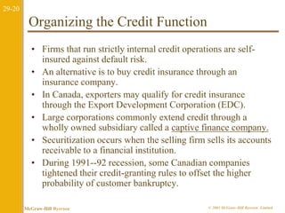 29-20 
Organizing the Credit Function 
• Firms that run strictly internal credit operations are self-insured 
against default risk. 
• An alternative is to buy credit insurance through an 
insurance company. 
• In Canada, exporters may qualify for credit insurance 
through the Export Development Corporation (EDC). 
• Large corporations commonly extend credit through a 
wholly owned subsidiary called a captive finance company. 
• Securitization occurs when the selling firm sells its accounts 
receivable to a financial institution. 
• During 1991--92 recession, some Canadian companies 
tightened their credit-granting rules to offset the higher 
probability of customer bankruptcy. 
McGraw-Hill Ryerson © 2003 McGraw–Hill Ryerson Limited 
 