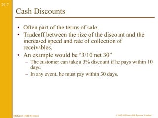 29-7 
Cash Discounts 
• Often part of the terms of sale. 
• Tradeoff between the size of the discount and the 
increased speed and rate of collection of 
receivables. 
• An example would be “3/10 net 30” 
– The customer can take a 3% discount if he pays within 10 
days. 
– In any event, he must pay within 30 days. 
McGraw-Hill Ryerson © 2003 McGraw–Hill Ryerson Limited 
 