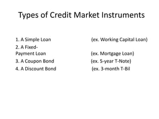 Types of Credit Market Instruments
1. A Simple Loan (ex. Working Capital Loan)
2. A Fixed-
Payment Loan (ex. Mortgage Loan)
3. A Coupon Bond (ex. 5-year T-Note)
4. A Discount Bond (ex. 3-month T-Bil
 