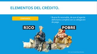 ELEMENTOS DEL CRÉDITO.
 Buena fe razonable, de que el agente
deficitario cumplirá con su obligación
de pago.
Prof. Juan Armando Reyes Mendoza
CONFIANZA
 