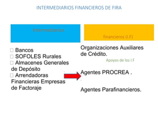 INTERMEDIARIOS FINANCIEROS DE FIRA
Intermediarios
financieros (I.F)
Apoyos de los I.F
Bancos
SOFOLES Rurales
Almacenes Generales
de Depósito
Arrendadoras
Financieras Empresas
de Factoraje
Organizaciones Auxiliares
de Crédito.
Agentes PROCREA .
Agentes Parafinancieros.
 
