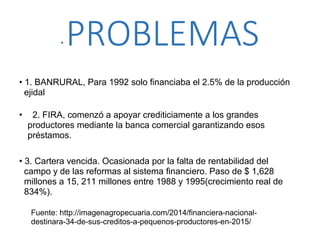 • PROBLEMAS
• 1. BANRURAL, Para 1992 solo financiaba el 2.5% de la producción
ejidal
• 2. FIRA, comenzó a apoyar crediticiamente a los grandes
productores mediante la banca comercial garantizando esos
préstamos.
• 3. Cartera vencida. Ocasionada por la falta de rentabilidad del
campo y de las reformas al sistema financiero. Paso de $ 1,628
millones a 15, 211 millones entre 1988 y 1995(crecimiento real de
834%).
Fuente: http://imagenagropecuaria.com/2014/financiera-nacional-
destinara-34-de-sus-creditos-a-pequenos-productores-en-2015/
 