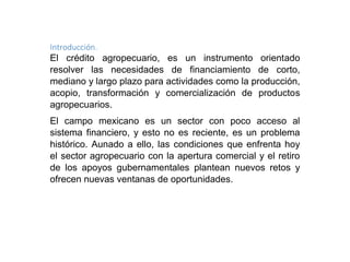 Introducción.
El crédito agropecuario, es un instrumento orientado
resolver las necesidades de financiamiento de corto,
mediano y largo plazo para actividades como la producción,
acopio, transformación y comercialización de productos
agropecuarios.
El campo mexicano es un sector con poco acceso al
sistema financiero, y esto no es reciente, es un problema
histórico. Aunado a ello, las condiciones que enfrenta hoy
el sector agropecuario con la apertura comercial y el retiro
de los apoyos gubernamentales plantean nuevos retos y
ofrecen nuevas ventanas de oportunidades.
 