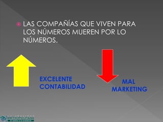  LAS COMPAÑÍAS QUE VIVEN PARA
LOS NÚMEROS MUEREN POR LO
NÚMEROS.
EXCELENTE
CONTABILIDAD
MAL
MARKETING
 