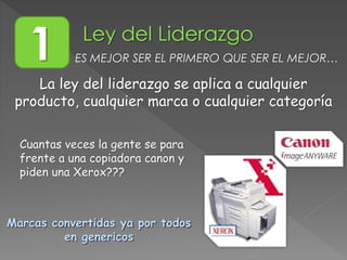 La ley del liderazgo se aplica a cualquier
producto, cualquier marca o cualquier categoría
Cuantas veces la gente se para
frente a una copiadora canon y
piden una Xerox???
Marcas convertidas ya por todos
en genericos
1 ES MEJOR SER EL PRIMERO QUE SER EL MEJOR…
 
