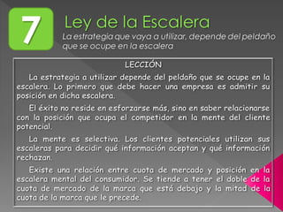 LECCIÓN
La estrategia a utilizar depende del peldaño que se ocupe en la
escalera. Lo primero que debe hacer una empresa es admitir su
posición en dicha escalera.
El éxito no reside en esforzarse más, sino en saber relacionarse
con la posición que ocupa el competidor en la mente del cliente
potencial.
La mente es selectiva. Los clientes potenciales utilizan sus
escaleras para decidir qué información aceptan y qué información
rechazan.
Existe una relación entre cuota de mercado y posición en la
escalera mental del consumidor. Se tiende a tener el doble de la
cuota de mercado de la marca que está debajo y la mitad de la
cuota de la marca que le precede.
7 La estrategia que vaya a utilizar, depende del peldaño
que se ocupe en la escalera
 