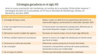 EstrategiasganadorasenelsigloXXI
Ante la nueva orientación del marketing y el cambio de la sociedad, Philip Kotler expone 7
estrategias de éxito en la actualidad, en el Forum Mundial de Marketing y Ventas, en
Barcelona, octubre 2004.
Estrategias ganadoras en el siglo XXI
1. Estrategia de bajos costes Reducir costes sin deteriorar las expectativas del cliente y la
esencia del negocio, aumentando la creatividad. Ejemplo: IKEA
2. Crear una experiencia única para el
consumidor
El cliente siente una experiencia excepcional, diferente por lo
que estará dispuesto a pagar un precio mayor.
3. Reinventar nuestro modelo de negocio No basta con hacerlo mejor, sino en hacer algo diferente.
4. Ofrecer calidad máxima en el producto Asociar la marca a la imagen de calidad para el cliente sienta
que tiene lo mejor.
5. Centrarse en nichos de mercado Diferenciar nuestro producto en función del cliente.
6. Ser innovador Innovación y lanzamiento continuo de nuevos productos.
Asociando la marca con modernidad
7. Ser el mejor en diseño Clientes que demandan productos bien diseñados
 