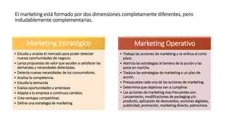 El marketing está formado por dos dimensiones completamente diferentes, pero
indudablemente complementarias.
Marketing Estratégico
• Estudia y analiza el mercado para poder detectar
nuevas oportunidades de negocio.
• Lanza propuestas de valor que ayuden a satisfacer las
demandas y necesidades detectadas.
• Detecta nuevas necesidades de los consumidores.
• Analiza la competencia.
• Estudia la demanda
• Evalúa oportunidades y amenazas
• Adapta a la empresa a continuos cambios
• Crea ventajas competitivas
• Define una estrategia de marketing
Marketing Operativo
• Trabaja las acciones de marketing y se enfoca al corto
plazo.
• Aterriza las estrategias al terreno de la acción y las
pone en marcha.
• Traduce las estrategias de marketing a un plan de
acción.
• Presupuesta cada una de las acciones de marketing.
• Determina que objetivos van a cumplirse
• Las acciones de marketing mas frecuentes son:
Lanzamiento, modificaciones de packaging y/o
producto, aplicación de descuentos, acciones digitales,
publicidad, promoción, marketing directo, patrocinios.
 