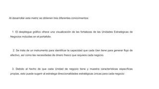 Al desarrollar esta matriz se obtienen tres diferentes conocimientos:
1. El despliegue gráfico ofrece una visualización de las fortalezas de las Unidades Estratégicas de
Negocios incluídas en el portafolio.
2. Se trata de un instrumento para identificar la capacidad que cada Uen tiene para generar flujo de
efectivo, así como las necesidades de dinero fresco que requiere cada negocio.
3. Debido al hecho de que cada Unidad de negocio tiene y muestra características específicas
propias, esto puede sugerir al estratega direccionalidades estratégicas únicas para cada negocio
 