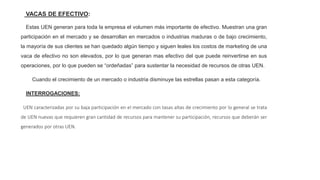 VACAS DE EFECTIVO:
Estas UEN generan para toda la empresa el volumen más importante de efectivo. Muestran una gran
participación en el mercado y se desarrollan en mercados o industrias maduras o de bajo crecimiento,
la mayoría de sus clientes se han quedado algún tiempo y siguen leales los costos de marketing de una
vaca de efectivo no son elevados, por lo que generan mas efectivo del que puede reinvertirse en sus
operaciones, por lo que pueden se “ordeñadas” para sustentar la necesidad de recursos de otras UEN.
Cuando el crecimiento de un mercado o industria disminuye las estrellas pasan a esta categoría.
INTERROGACIONES:
UEN caracterizadas por su baja participación en el mercado con tasas altas de crecimiento por lo general se trata
de UEN nuevas que requieren gran cantidad de recursos para mantener su participación, recursos que deberán ser
generados por otras UEN.
 