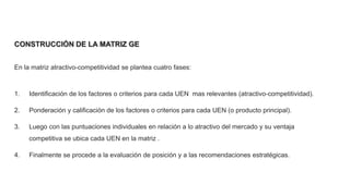 CONSTRUCCIÓN DE LA MATRIZ GE
En la matriz atractivo-competitividad se plantea cuatro fases:
1. Identificación de los factores o criterios para cada UEN mas relevantes (atractivo-competitividad).
2. Ponderación y calificación de los factores o criterios para cada UEN (o producto principal).
3. Luego con las puntuaciones individuales en relación a lo atractivo del mercado y su ventaja
competitiva se ubica cada UEN en la matriz .
4. Finalmente se procede a la evaluación de posición y a las recomendaciones estratégicas.
 