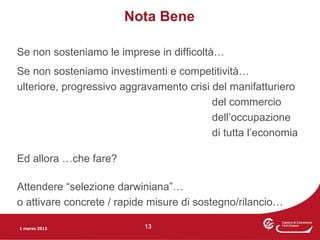 Nota Bene

Se non sosteniamo le imprese in difficoltà…
Se non sosteniamo investimenti e competitività…
ulteriore, progressivo aggravamento crisi del manifatturiero
                                          del commercio
                                          dell’occupazione
                                          di tutta l’economia

Ed allora …che fare?

Attendere “selezione darwiniana”…
o attivare concrete / rapide misure di sostegno/rilancio…

1 marzo 2012               13
 