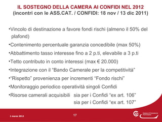 IL SOSTEGNO DELLA CAMERA AI CONFIDI NEL 2012
  (incontri con le ASS.CAT. / CONFIDI: 18 nov / 13 dic 2011)


•Vincolo di destinazione a favore fondi rischi (almeno il 50% del
 plafond)
•Contenimento percentuale garanzia concedibile (max 50%)
•Abbattimento tasso interesse fino a 2 p.ti, elevabile a 3 p.ti
•Tetto contributo in conto interessi (max € 20.000)
•Integrazione con il “Bando Camerale per la competitività”
•“Rispetto” provenienza per incrementi “Fondo rischi”
•Monitoraggio periodico operatività singoli Confidi
•Risorse camerali acquisibili sia per i Confidi “ex art. 106”
                              sia per i Confidi “ex art. 107”

1 marzo 2012                   17
 