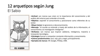 12 arquetipos según Jung
El Sabio
•Actitud: son marcas que creen en la importancia del conocimiento y del
análisis del entorno para entender el mundo.
•Objetivo: expandir el conocimiento y posicionarse como referentes de su
sector.
•Mayor temor: la ignorancia o desconocimiento.
•Mensaje: “el mundo se entiende a través del análisis de la información, el
conocimiento y la investigación inteligente”.
•Atributos: son marcas que inspiran sabiduría, inteligencia, maestría e
innovación tecnológica.
•Estrategia: buscan y comparten constante información y conocimiento.
•Colores predominantes: azul, rojo, gris y negro, principalmente.
•Ejemplos de marcas: HP, Google, Phillips, CNN.
 