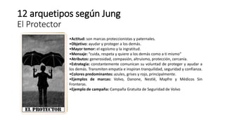 12 arquetipos según Jung
El Protector
•Actitud: son marcas proteccionistas y paternales.
•Objetivo: ayudar y proteger a los demás.
•Mayor temor: el egoísmo y la ingratitud.
•Mensaje: “cuida, respeta y quiere a los demás como a ti mismo”
•Atributos: generosidad, compasión, altruismo, protección, cercanía.
•Estrategia: constantemente comunican su voluntad de proteger y ayudar a
los demás. Transmiten empatía e inspiran tranquilidad, seguridad y confianza.
•Colores predominantes: azules, grises y rojo, principalmente.
•Ejemplos de marcas: Volvo, Danone, Nestlé, Mapfre y Médicos Sin
Fronteras.
•Ejemplo de campaña: Campaña Gratuita de Seguridad de Volvo
 