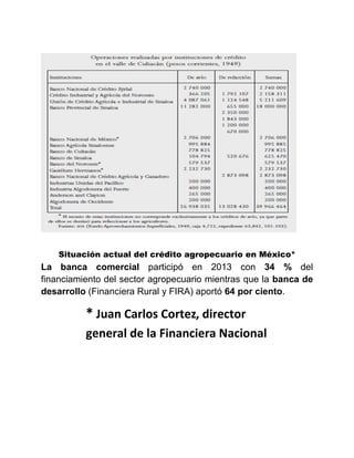 Situación actual del crédito agropecuario en México*
La banca comercial participó en 2013 con 34 % del
financiamiento del sector agropecuario mientras que la banca de
desarrollo (Financiera Rural y FIRA) aportó 64 por ciento.
* Juan Carlos Cortez, director
general de la Financiera Nacional
 