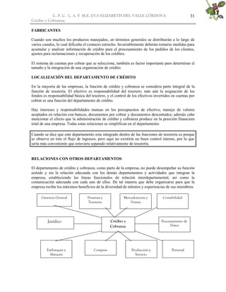 C. P. C. L. A. Y M.E. EVA ELIZABETH DEL VALLE CÒRDOVA
Crédito y Cobranzas
31
FABRICANTES
Cuando son muchos los productos manejados, en términos generales se distribuirán a lo largo de
varios canales, lo cual dificulta el contacto estrecho. Invariablemente deberán tomarse medidas para
acumular y analizar información de crédito para el procesamiento de los pedidos de los clientes,
ajustes para reclamaciones y recuperación de los créditos.
El sistema de cuentas por cobrar que se seleccione, también es factor importante para determinar el
tamaño y la integración de una organización de crédito.
LOCALIZACIÓN DEL DEPARTAMENTO DE CRÉDITO
En la mayoría de las empresas, la función de crédito y cobranza se considera parte integral de la
función de tesorería. El efectivo es responsabilidad del tesorero; más aún la asignación de los
fondos es responsabilidad básica del tesorero, y el control de los efectivos invertidos en cuentas por
cobrar es una función del departamento de crédito.
Hay intereses y responsabilidades mutuas en los presupuestos de efectivo, manejo de valores
aceptados en relación con bancos, documentos por cobrar y documentos descontados; además cabe
mencionar el efecto que la administración de crédito y cobranza produce en la posición financiera
total de una empresa. Todas estas relaciones se simplifican en el departamento.
Cuando se dice que este departamento esta integrado dentro de las funciones de tesorería es porque
se observa en éste el flujo de ingresos, pero aquí no existiría un buen control interno, por lo que
sería más conveniente que estuviera separado relativamente de tesorería.
RELACIONES CON OTROS DEPARTAMENTOS
El departamento de crédito y cobranza, como parte de la empresa, no puede desempeñar su función
aislado y sin la relación adecuada con los demás departamentos y actividades que integran la
empresa, estableciendo las líneas funcionales de relación interdepartamental, así como la
comunicación adecuada con cada uno de ellos. De tal manera que debe organizarse para que la
empresa reciba los máximos beneficios de la diversidad de talentos y experiencias de sus miembros.
Jurídico Crédito y
Cobranza
Gerencia General Finanzas y
Tesorería
Mercadotecnia y
Ventas
Contabilidad
Procesamiento de
Datos
Embarques y
Almacén
Compras Producción y
Servicio
Personal
 