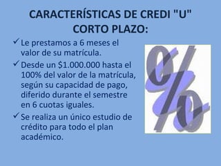 CARACTERÍSTICAS DE CREDI "U" CORTO PLAZO: Le prestamos a 6 meses el valor de su matrícula.  Desde un $1.000.000 hasta el 100% del valor de la matrícula, según su capacidad de pago, diferido durante el semestre en 6 cuotas iguales.  Se realiza un único estudio de crédito para todo el plan académico.  