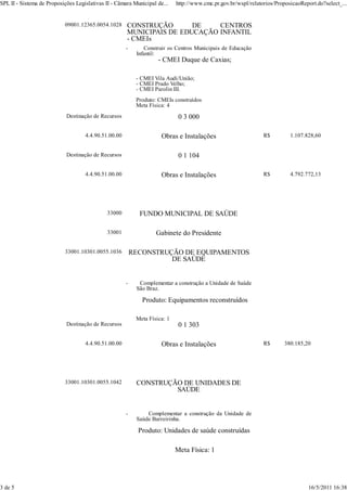 SPL II - Sistema de Proposições Legislativas II - Câmara Municipal de...    http://www.cmc.pr.gov.br/wspl/relatorios/ProposicaoReport.do?select_...


                           09001.12365.0054.1028      CONSTRUÇÃO       DE    CENTROS
                                                      MUNICIPAIS DE EDUCAÇÃO INFANTIL
                                                      - CMEIs
                                                      -       Construir os Centros Municipais de Educação
                                                           Infantil:
                                                                    - CMEI Duque de Caxias;

                                                           - CMEI Vila Audi/União;
                                                           - CMEI Prado Velho;
                                                           - CMEI Parolin III.
                                                           Produto: CMEIs construídos
                                                           Meta Física: 4
                            Destinação de Recursos                           0 3 000

                                    4.4.90.51.00.00                  Obras e Instalações                        R$         1.107.828,60


                            Destinação de Recursos                           0 1 104

                                    4.4.90.51.00.00                  Obras e Instalações                        R$         4.792.772,13




                                             33000          FUNDO MUNICIPAL DE SAÚDE

                                             33001                 Gabinete do Presidente

                           33001.10301.0055.1036          RECONSTRUÇÃO DE EQUIPAMENTOS
                                                                    DE SAÚDE


                                                      -     Complementar a construção a Unidade de Saúde
                                                           São Braz.

                                                             Produto: Equipamentos reconstruídos

                                                           Meta Física: 1
                            Destinação de Recursos                           0 1 303

                                    4.4.90.51.00.00                  Obras e Instalações                        R$       380.185,20




                           33001.10301.0055.1042           CONSTRUÇÃO DE UNIDADES DE
                                                                    SAÚDE


                                                      -        Complementar a construção da Unidade de
                                                           Saúde Barreirinha.

                                                            Produto: Unidades de saúde construídas

                                                                            Meta Física: 1




3 de 5                                                                                                                            16/5/2011 16:38
 