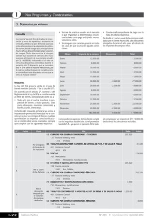 Instituto Pacífico
I
I-22 N° 269 Segunda Quincena - Diciembre 2012
Nos Preguntan y Contestamos
1. Depreciacion3.	 Descuentos por volumen
La empresa Sarutobi S.A. dedicada a la impor-
tación y venta de repuestos y accesorios de
vehículos, debido a la gran demanda suscitada
enlosúltimosañosenlaadquisicióndevehícu-
los nuevos, decide otorgar a su principal cliente
AzumaSRLundescuentoespecialporvolumen,
de compra. Dicho descuento se le otorgará
siempre que durante el ejercicio 2012 haya
superado el importe de sus compras anuales
por S/.150,000.00, incluyendo en el valor de
venta los descuentos concedidos durante el
presente año. El descuento que se concederá
será el 5 % sobre el importe mencionado, por
lo cual nos realizan la siguiente consulta ¿cómo
se contabilizará este descuento una vez que se
emita la nota de crédito?
Consulta
Respuesta
La Ley del IGV grava la venta en el país de
bienes muebles (artículo 1º de la Ley del IGV).
De acuerdo con el artículo 2º, numeral 3 del
Reglamento de la Ley del IGV se considera venta
al retiro de bienes, considerando como tal a:
•	 Todo acto por el cual se transfiere la pro-
piedad de bienes a título gratuito, tales
como obsequios, muestras comerciales y
bonificaciones, entre otros.
A efectos del impuesto general a las ventas e
impuesto de promoción municipal no se con-
sideran ventas las entregas de bienes muebles
que efectúen las empresas como bonificacio-
nes al cliente sobre ventas realizadas, siempre
que cumplan con los siguientes requisitos:
•	 Conste en el comprobante de pago o en la
nota de crédito respectiva.
Se detalla el cuadro anual de las compras reali-
zadas por el cliente Azuma SRL y los descuentos
otorgados durante el año, para el cálculo de
los importes de compras netas.
•	 Se trate de prácticas usuales en el mercado
o que respondan a determinadas circuns-
tancias tales como pago anticipado, monto,
volumen u otros.
•	 Se otorguen con carácter general en todos
los casos en que ocurran en iguales condi-
ciones.
Meses Importe de la compra Descuentos Total
Enero 12,500.00 12,500.00
Febrero 8,000.00 8000.00
Marzo 10,000.00 10,000.00
Abril 12,500.00 12,500.00
Mayo 15,000.00 15,000.00
Junio 30,000.00 -3,000.00 27,000.00
Julio 20,000.00 -2,000.00 18,000.00
Agosto 8,000.00 8,000.00
Septiembre 10,000.00 10,000.00
Octubre 12,500.00 12,500.00
Noviembre 25,000.00 -2,500.00 22,500.00
Diciembre 20,000.00 -2,000.00 18,000.00
183,500.00 -9,500.00 174,000.00
Como podemos apreciar, dicho cliente cumple
con los requisitos establecidos por el proveedor
Sarutobi S.A., ya que en el ejercicio 2012 reali-
zó compras por un importe de S/.174,000.00,
deduciendo los descuentos recibidos.
Nº Fecha Glosa Cta. Debe Haber
x
Por el registro
de la venta de
los repuestos
12 Cuentas por cobrar comerciales - terceros 205,320
121 Facturas boletas y otros
1212 Emitidas
40 Tributos Contraprest. y aportes al sistema de PenS. Y de Salud P. PAGAR 31,320
401 Gobierno Central
4011 IGV
70 Ventas 174,000
701 Mercaderías
7011 Mercaderías manufacturadas
X
Por el cobro
de las facturas
10 EFECTIVO Y EQUIVALENTES DE EFECTIVO 205,320
104 Cuenta corriente
1041 Bco. Crédito
12 CUENTAS POR COBRAR COMERCIALES-TERCEROS 205,320
121 Facturas boletas y otros
1212 Emitidas
X
Por el
descuento
otorgado por
el volumen
de compras
realizadas
74 DESCUENTOS Y BONIFICACIONES CONCEDIDAS 7,500
741 Descuentos y bonificaciones
7411 Terceros
40 Tributos Contraprest. y aportes al sist. de Pens. Y de Salud P. PAGAR 1,350.00
401 Gobierno Central
4011 IGV
12 CUENTAS POR COBRAR COMERCIALES-TERCEROS 8,850
121 Facturas boletas y otros
1212 Emitidas
 