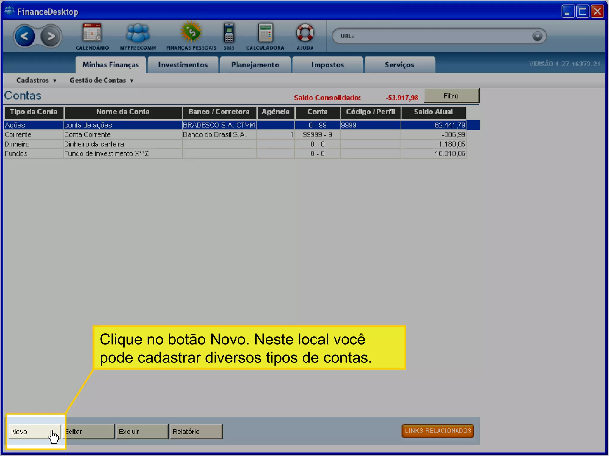 Você já cadastrou todas as suas Contas a Pagar, agora clique em Relatório. Clique no botão Novo. Neste local você pode cadastrar diversos tipos de contas.