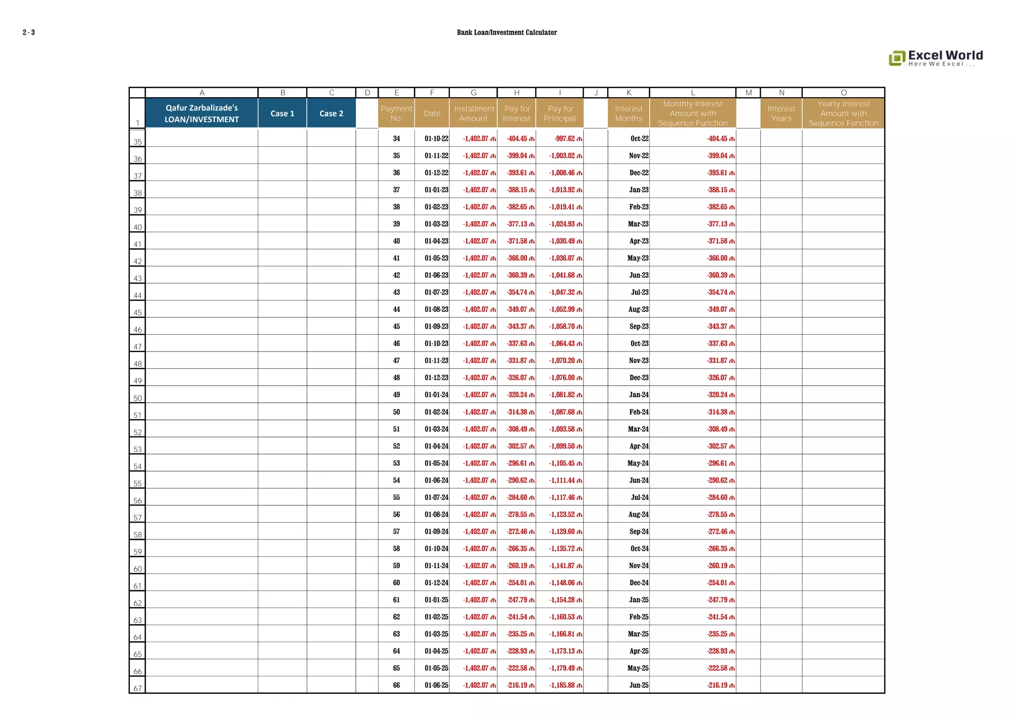 2 - 3 Bank Loan/Investment Calculator
1
2
A B C D E F G H I J K L M N O
Qafur Zarbalizade's
LOAN/INVESTMENT
Case 1 Case 2
Payment
No.
Date
Installment
Amount
Pay for
Interest
Pay for
Principal
Interest
Months
Monthly Interest
Amount with
Sequence Function
Interest
Years
Yearly Interest
Amount with
Sequence Function
35
36
37
38
39
40
41
42
43
44
45
46
47
48
49
50
51
52
53
54
55
56
57
58
59
60
61
62
63
64
65
66
67
34 01-10-22 -1,402.07 ₼ -404.45 ₼ -997.62 ₼ Oct-22 -404.45 ₼
35 01-11-22 -1,402.07 ₼ -399.04 ₼ -1,003.02 ₼ Nov-22 -399.04 ₼
36 01-12-22 -1,402.07 ₼ -393.61 ₼ -1,008.46 ₼ Dec-22 -393.61 ₼
37 01-01-23 -1,402.07 ₼ -388.15 ₼ -1,013.92 ₼ Jan-23 -388.15 ₼
38 01-02-23 -1,402.07 ₼ -382.65 ₼ -1,019.41 ₼ Feb-23 -382.65 ₼
39 01-03-23 -1,402.07 ₼ -377.13 ₼ -1,024.93 ₼ Mar-23 -377.13 ₼
40 01-04-23 -1,402.07 ₼ -371.58 ₼ -1,030.49 ₼ Apr-23 -371.58 ₼
41 01-05-23 -1,402.07 ₼ -366.00 ₼ -1,036.07 ₼ May-23 -366.00 ₼
42 01-06-23 -1,402.07 ₼ -360.39 ₼ -1,041.68 ₼ Jun-23 -360.39 ₼
43 01-07-23 -1,402.07 ₼ -354.74 ₼ -1,047.32 ₼ Jul-23 -354.74 ₼
44 01-08-23 -1,402.07 ₼ -349.07 ₼ -1,052.99 ₼ Aug-23 -349.07 ₼
45 01-09-23 -1,402.07 ₼ -343.37 ₼ -1,058.70 ₼ Sep-23 -343.37 ₼
46 01-10-23 -1,402.07 ₼ -337.63 ₼ -1,064.43 ₼ Oct-23 -337.63 ₼
47 01-11-23 -1,402.07 ₼ -331.87 ₼ -1,070.20 ₼ Nov-23 -331.87 ₼
48 01-12-23 -1,402.07 ₼ -326.07 ₼ -1,076.00 ₼ Dec-23 -326.07 ₼
49 01-01-24 -1,402.07 ₼ -320.24 ₼ -1,081.82 ₼ Jan-24 -320.24 ₼
50 01-02-24 -1,402.07 ₼ -314.38 ₼ -1,087.68 ₼ Feb-24 -314.38 ₼
51 01-03-24 -1,402.07 ₼ -308.49 ₼ -1,093.58 ₼ Mar-24 -308.49 ₼
52 01-04-24 -1,402.07 ₼ -302.57 ₼ -1,099.50 ₼ Apr-24 -302.57 ₼
53 01-05-24 -1,402.07 ₼ -296.61 ₼ -1,105.45 ₼ May-24 -296.61 ₼
54 01-06-24 -1,402.07 ₼ -290.62 ₼ -1,111.44 ₼ Jun-24 -290.62 ₼
55 01-07-24 -1,402.07 ₼ -284.60 ₼ -1,117.46 ₼ Jul-24 -284.60 ₼
56 01-08-24 -1,402.07 ₼ -278.55 ₼ -1,123.52 ₼ Aug-24 -278.55 ₼
57 01-09-24 -1,402.07 ₼ -272.46 ₼ -1,129.60 ₼ Sep-24 -272.46 ₼
58 01-10-24 -1,402.07 ₼ -266.35 ₼ -1,135.72 ₼ Oct-24 -266.35 ₼
59 01-11-24 -1,402.07 ₼ -260.19 ₼ -1,141.87 ₼ Nov-24 -260.19 ₼
60 01-12-24 -1,402.07 ₼ -254.01 ₼ -1,148.06 ₼ Dec-24 -254.01 ₼
61 01-01-25 -1,402.07 ₼ -247.79 ₼ -1,154.28 ₼ Jan-25 -247.79 ₼
62 01-02-25 -1,402.07 ₼ -241.54 ₼ -1,160.53 ₼ Feb-25 -241.54 ₼
63 01-03-25 -1,402.07 ₼ -235.25 ₼ -1,166.81 ₼ Mar-25 -235.25 ₼
64 01-04-25 -1,402.07 ₼ -228.93 ₼ -1,173.13 ₼ Apr-25 -228.93 ₼
65 01-05-25 -1,402.07 ₼ -222.58 ₼ -1,179.49 ₼ May-25 -222.58 ₼
66 01-06-25 -1,402.07 ₼ -216.19 ₼ -1,185.88 ₼ Jun-25 -216.19 ₼
 