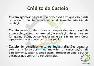 Crédito de Custeio
• Custeio agrícola: despesas do ciclo produtivo que vão desde
o preparo das terras até o beneficiamento primário da
produção .
• Custeio pecuário: destinados a qualquer despesa normal de
exploração , como por exemplo, a aquisição de sal, arame,
forragens, rações, concentrados minerais, sêmen, hormônios
e produtos de uso veterinário em geral.
• Custeio de beneficiamento ou industrialização: despesas
com a mão-de-obra, manutenção e conservação de
equipamento, sacaria, embalagem, armazenamento e outros
encargos que venham a ser admitidos.
 