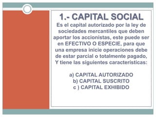 1.- CAPITAL SOCIAL
 Es el capital autorizado por la ley de
  sociedades mercantiles que deben
aportar los accionistas, este puede ser
  en EFECTIVO O ESPECIE, para que
 una empresa inicie operaciones debe
 de estar parcial o totalmente pagado,
 Y tiene las siguientes características:

      a) CAPITAL AUTORIZADO
       b) CAPITAL SUSCRITO
        c ) CAPITAL EXHIBIDO
 