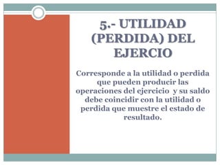 5.- UTILIDAD
    (PERDIDA) DEL
        EJERCIO
Corresponde a la utilidad o perdida
     que pueden producir las
operaciones del ejercicio y su saldo
  debe coincidir con la utilidad o
 perdida que muestre el estado de
            resultado.
 