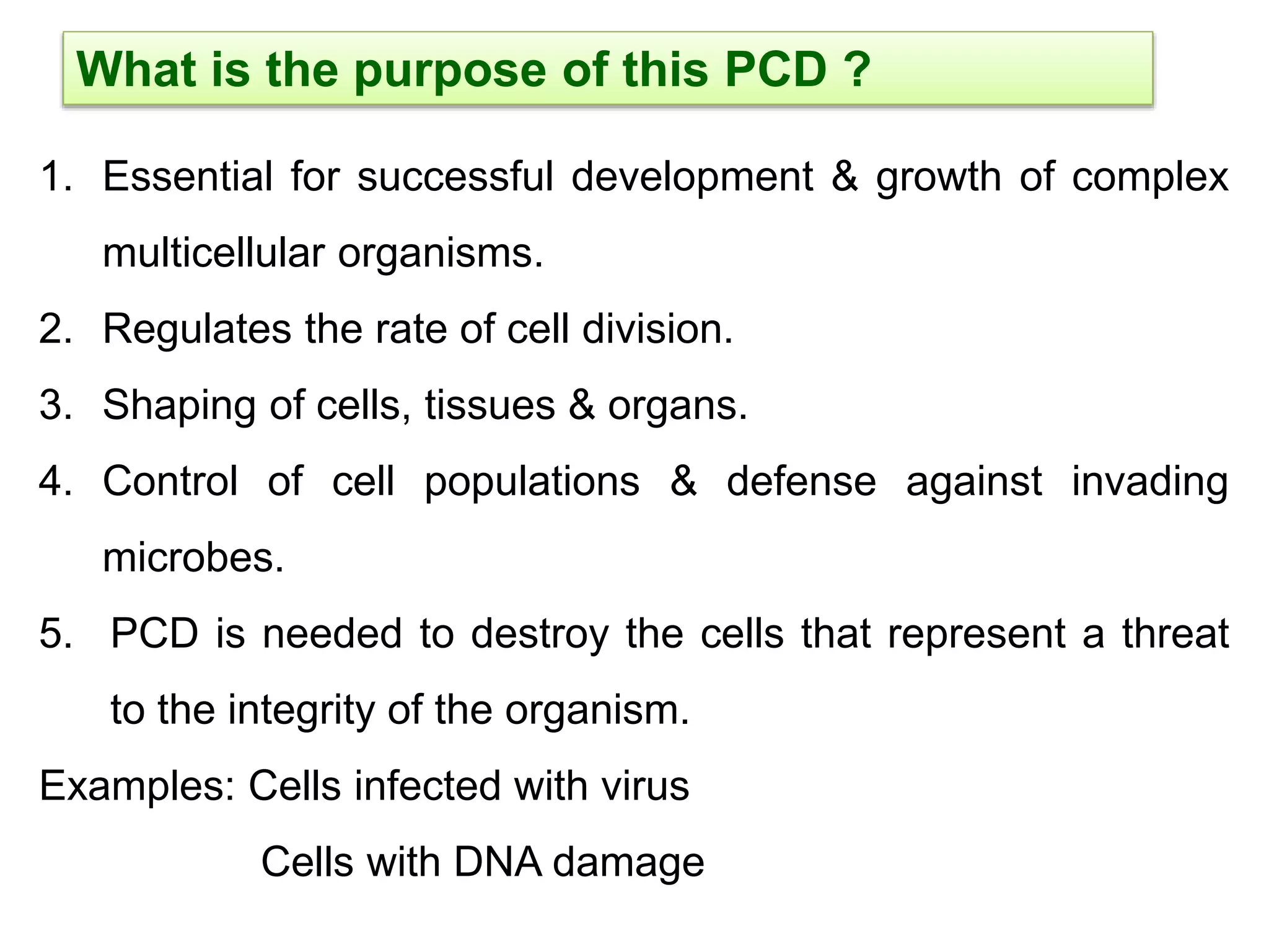 What is the purpose of this PCD ?
1. Essential for successful development & growth of complex
multicellular organisms.
2. Regulates the rate of cell division.
3. Shaping of cells, tissues & organs.
4. Control of cell populations & defense against invading
microbes.
5. PCD is needed to destroy the cells that represent a threat
to the integrity of the organism.
Examples: Cells infected with virus
Cells with DNA damage
 