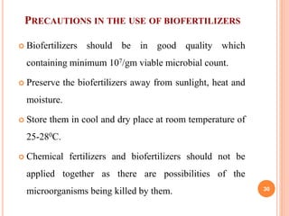 PRECAUTIONS IN THE USE OF BIOFERTILIZERS
 Biofertilizers should be in good quality which
containing minimum 107/gm viable microbial count.
 Preserve the biofertilizers away from sunlight, heat and
moisture.
 Store them in cool and dry place at room temperature of
25-280C.
 Chemical fertilizers and biofertilizers should not be
applied together as there are possibilities of the
microorganisms being killed by them. 30
 