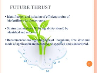 51
FUTURE THRUST
• Identification and isolation of efficient strains of
biofertilizers for flower crops.
• Strains that increase N2 fixing ability should be
identified and selected.
• Recommendations regarding type of inoculums, time, dose and
mode of application are needed to be specified and standardized.
 