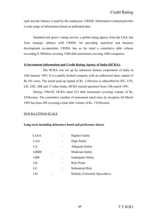 Credit Rating
each and the balance is paid by the employees. CRISIL Information Limited provides
a wide range of information based on published data.
Standard and spoor’s rating service, a global rating agency from the USA, has
form strategic alliance with CRISIL for providing analytical and business
development co-operation. CRISIL has so far rated a cumulative debt volume
exceeding $ 30billion covering 1500-debt instrument covering 1000 companies.
1) Investment Information and Credit Rating Agency of India (IICRA):
The IICRA was set up by industrial finance corporation of India in
16th January 1991. It is a public limited company with an authorized share capital of
Rs.101 cores. The initial paid up capital of Rs. 3.50crores is subscribed by IFC, UTI,
LIC, GIC, SBI and 17 other banks. IICRA started operation from 15th march 1991.
During 1994-95, IICRA rated 212 debt instrument covering volume of Rs.
5345crores. The cumulative number of instrument rated since its inception till March
1995 has been 485 covering a total debt volume of Rs. 17638crores.
IICR RAATINGS SCALE
Long term including debenture bond and preference shares
LAAA : Highest Safety
LAA : High Safety
LA : Adequate Safety
LBBB : Moderate Safety
LBB : Inadequate Safety
LB : Risk Prone
LC : Substantial Risk
LD : Default, Extremely Speculative
37 T.Y.B.B.I
 