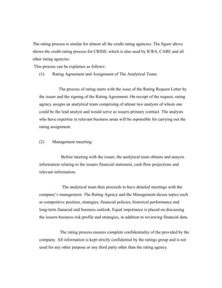 The rating process is similar for almost all the credit rating agencies. The figure above
shows the credit rating process for CRISIL which is also used by ICRA, CARE and all
other rating agencies.
This process can be explaines as follows:
(1) Rating Agreement and Assignment of The Analytical Team:
The process of rating starts with the issue of the Rating Request Letter by
the issuer and the signing of the Rating Agreement. On receipt of the request, rating
agency assigns an analytical team comprising of atleast two analysts of whom one
could be the lead analyst and would serve as issuers primary comtact. The analysts
who have expertise in relevant business areas will be esponsible for carrying out the
rating assignment.
(2) Management meerting:
Before meeting with the issuer, the analytical team obtains and anaysis
information relating to the issuers financial statement, cash flow projections and
relevant information.
The analytical team then proceeds to have detailed meetings with the
company’s management. The Rating Agency and the Management dicuss topics such
as xompetitive position, strategies, financial policies, historical performance and
long-term fianacial and business outlook. Equal importance is placed on discussing
the issuers business risk profile and strategies, in addition to reviewing financial data.
The rating process ensures complete confidentiality of the provided by the
company. All information is kept strictly confidential by the ratings group and is not
used for any other purpose or any third party other than the rating agency.
 